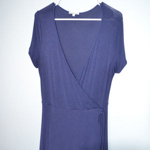 Blue Faux Wrap Dress with V-neck and Tie at Side